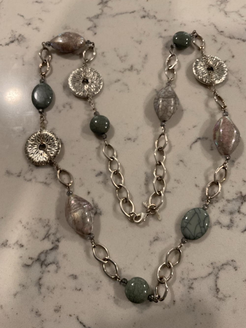 Like New Premier Designs Earthy Green & Iridescent Bead Silver-Accent Necklace.